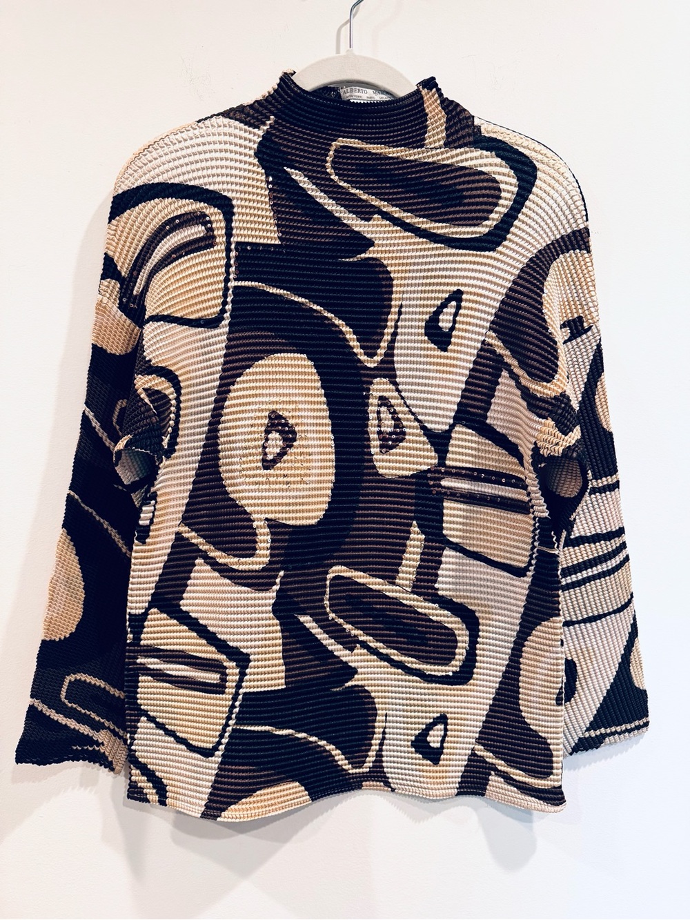 Alberto Makali Abstract Face Print Sequin Textured Mock Neck Top L Brown Cream
